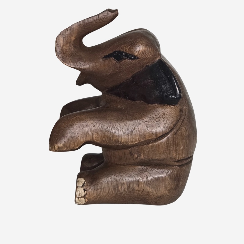 Vintage Hand Carved Wooden Elephant Figurine / Mid Century Safari Decor / 6”